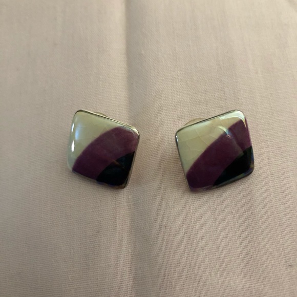 Vintage Pierced Porcelain Earrings - Black, Purple, Cream - Picture 3 of 3